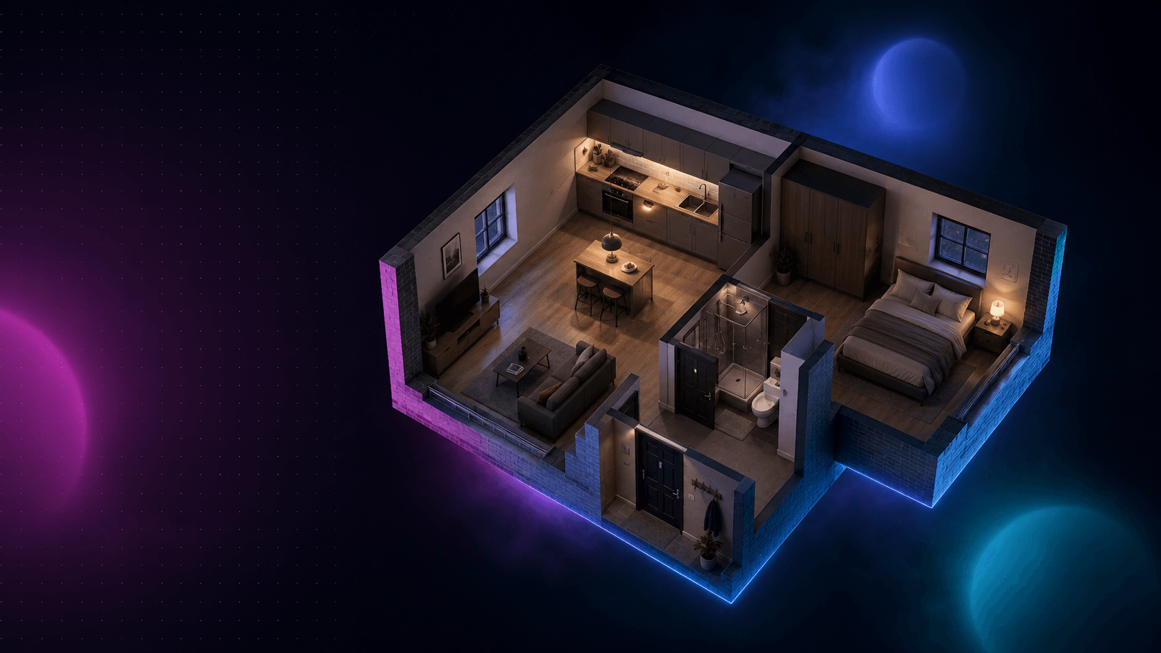 Illustration of a cutaway home floating in a dark indigo landscape